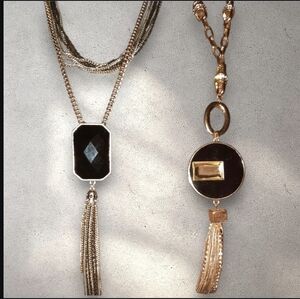 Two tassel necklaces chain multistrand multitone adjustable Goldtone